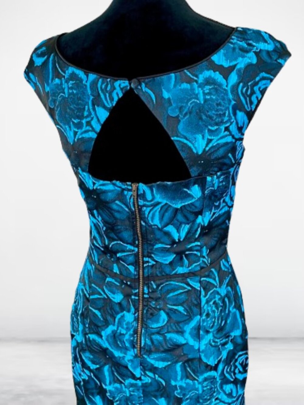 Eshakti Wiggle Midi Dress Blue Black Brocade Cut-out Back SMALL 6